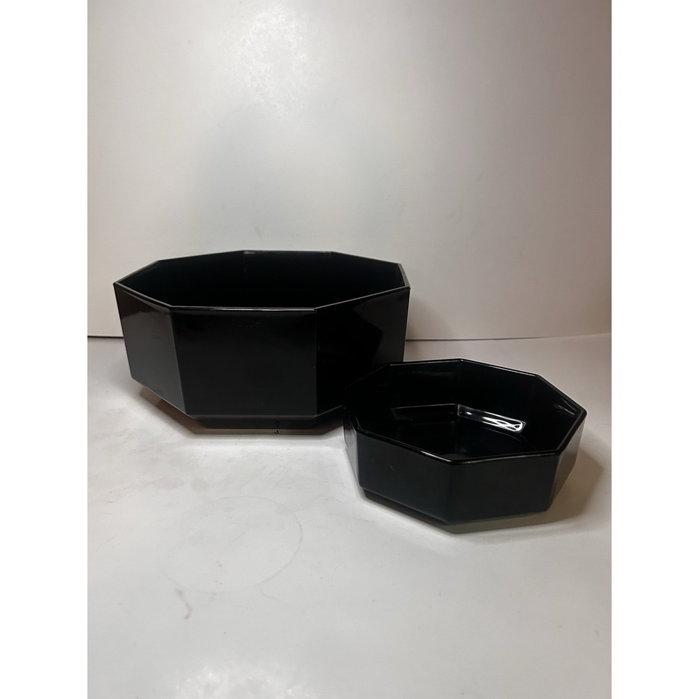 Arcoroc France Octime Large 9" Octagonal Black Glass Serving Bowl And Soup Bowl